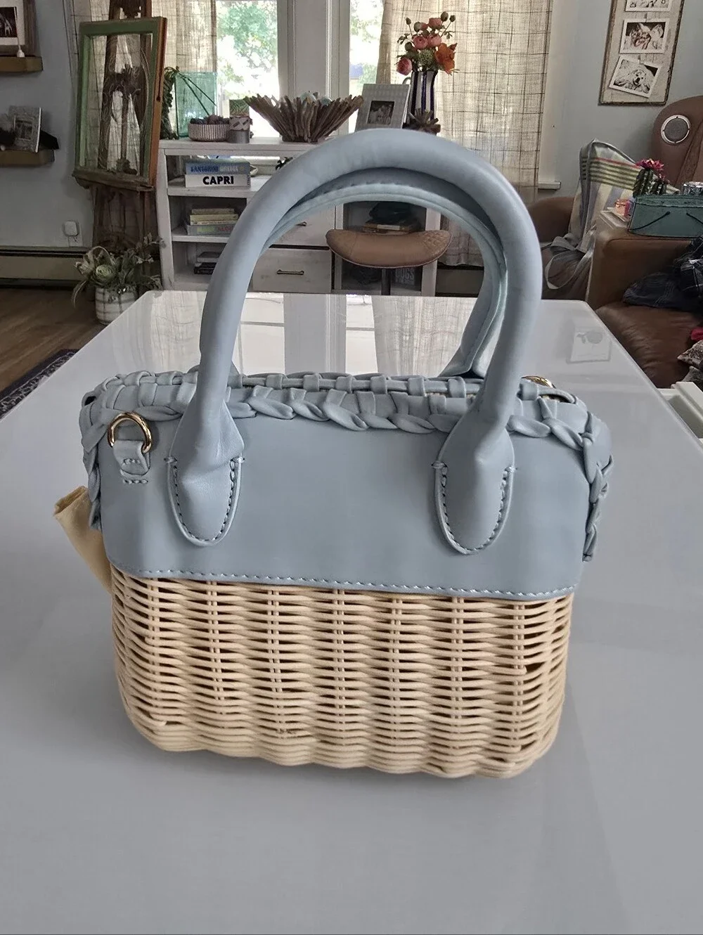 Woven Rattan Bag with Light Blue Trim